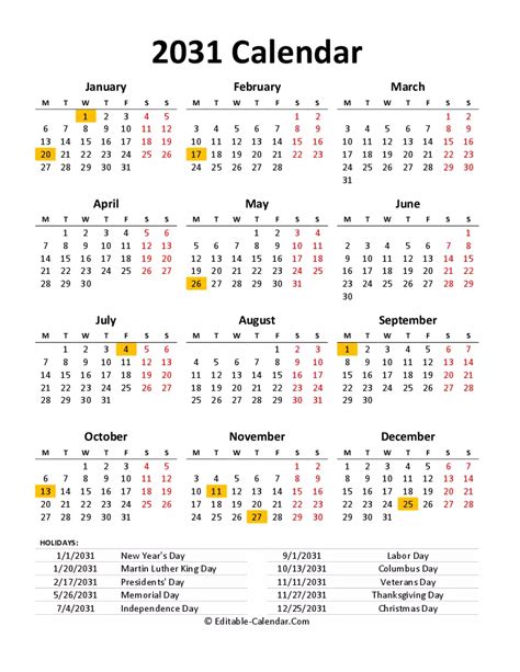 Download Free 2031 Calendar Printable With Us Holidays Portrait Weeks