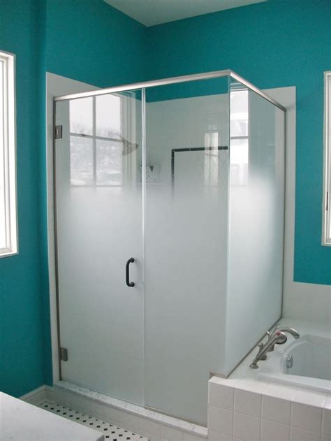 Frameless Shower Enclosure Door Panel Return Panel With Header And Privacy Sandblast Fade To