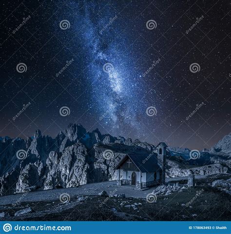 Milky Wa Over Small Chapel In Dolomites Italy Stock Image Image Of