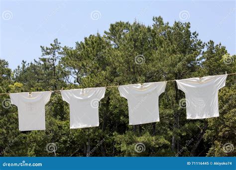 White T Shirts Hanging On The Clothesline Stock Image Image Of Cord