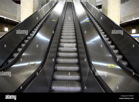 Color Shot Of Some Escalators In A Metro Station Stock Photo Alamy