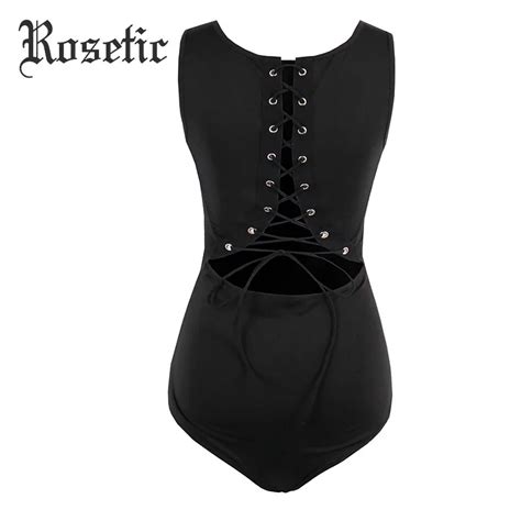 Rosetic Gothic Bodysuits Black Backless Lace Up Summer Women Skinny