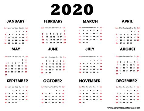 Pick Printable 2020 12 Month Calendar With Holidays Calendar