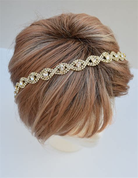 Thin Gold Crystal Rhinestone Headband Gold Rhinestone Hair Etsy