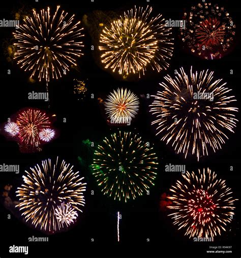 Colorful Set Of Nine Exploding Fireworks Isolated On Black Background