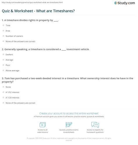 Quiz & Worksheet - What are Timeshares? | Study.com