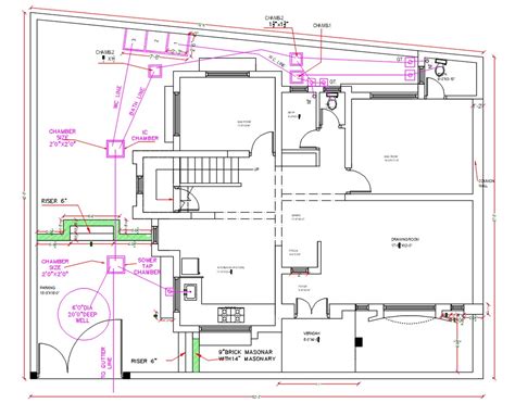 2 BHK House Layout Plan With Drainage Line CAD Drawing Cadbull