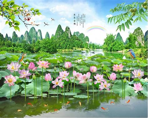 Beibehang Beautiful Lotus Pond Flower Landscape Bedroom Living Room