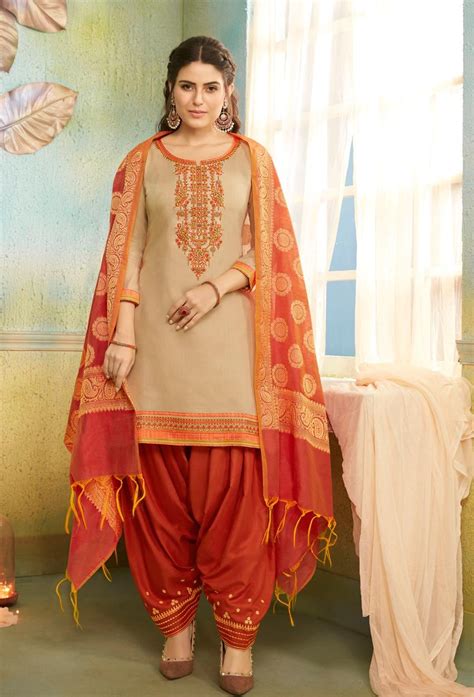 Beige Punjabi Patiyala Salwar Kameez Dress Materials Patiala Dress Salwar Kameez Designs