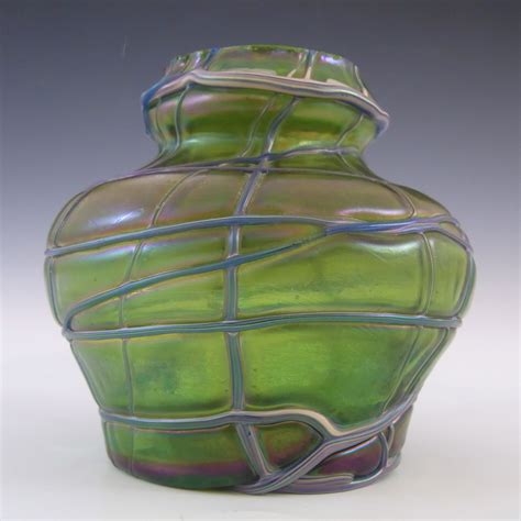 Kralik Art Nouveau Iridescent Green Threaded 1900 S Glass Vase £76 00
