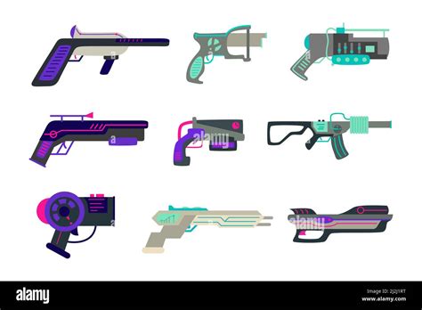 Different Futuristic Guns Vector Illustrations Set Toy Pistols