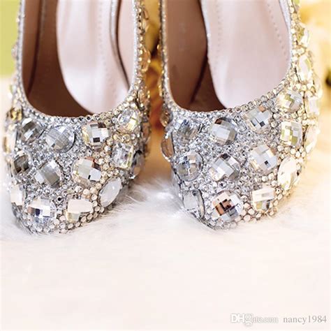 Silver Wedding Shoes Clear Rhinestone Platform Closed Toe 3 Bridal Shoes Crystal Pumps European