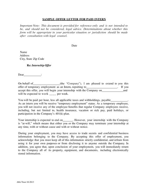 Paid Internship Offer Letter Sample Templates At