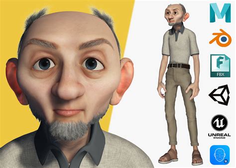 3d Model Old Man Cartoon Character Realtime Male 3d Vr Ar Low Poly
