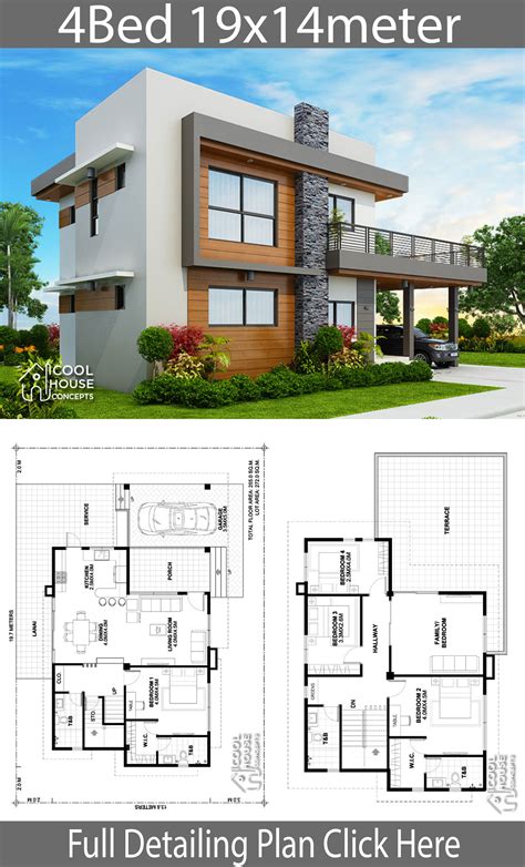 Home Design Plan 19x14m With 4 Bedrooms House Plans 3d