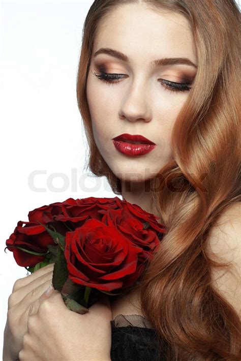 Beautiful Girl Holding Bunch Of Roses Stock Image Colourbox