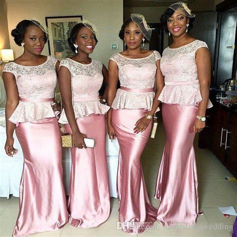 Nigerian Lace Chiffon Long Pink Bridesmaid Dresses Plus Size Short