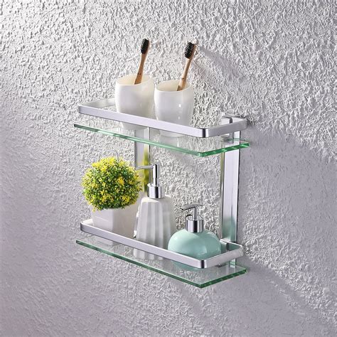 Kes Bathroom 2 Tier Glass Shelf With Rail Aluminum And Extra Thick