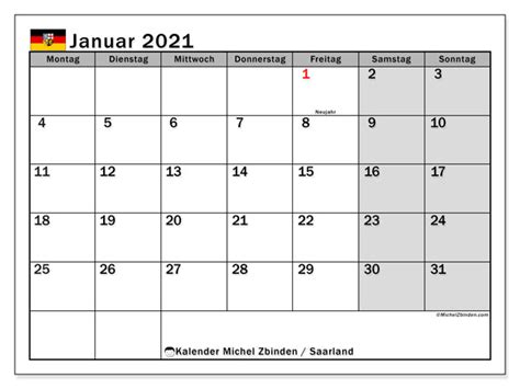 Übersichtlicher jahreskalender von 2021, die daten werden pro monat gezeigt einschließlich der kalenderwochen. Kalender Januar 2021 - Saarland - Michel Zbinden DE