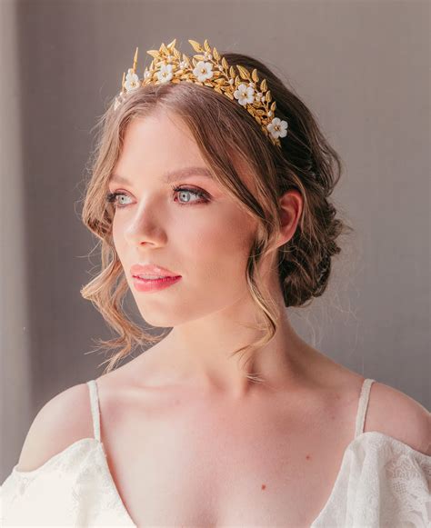 Laurel Leaf Gold Flower Bridal Halo Crown Greek Goddess Wedding Halo