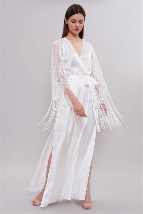 Long Silk Bridal Robe With Lace Sleeves With Fringe F 29 Satin