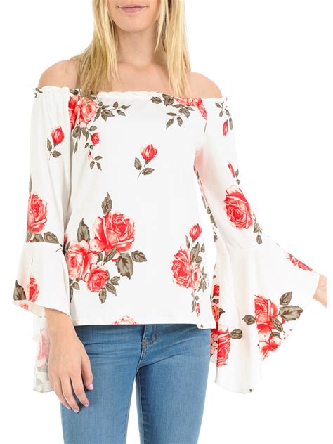 Basico Comfy Loose Fit Cold Off Shoulder Flower Ruffle Long Sleeve Tops Blouses Knit T Shirt