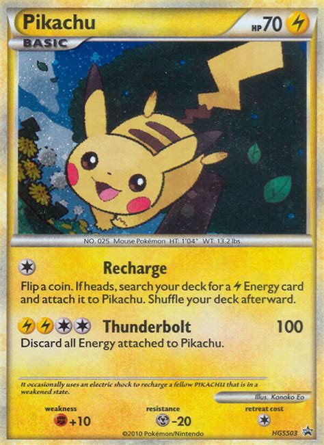 These cards, known as shadowless, are noticeably missing a shadow to the right of the image. Pikachu (HeartGold & SoulSilver Promos HGSS03)