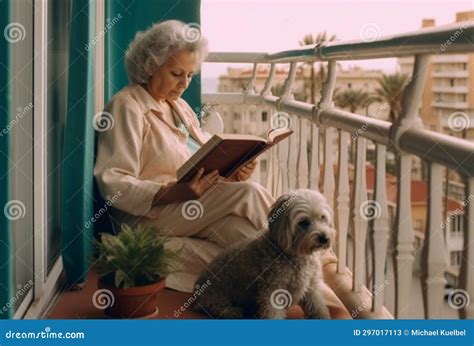 Serene Moments Elderly Lady Enjoys Book On Balcony With Her Faithful