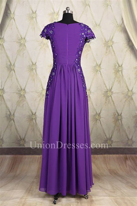 Modest Sheath Square Neck Cap Sleeve Long Purple Chiffon Lace Beaded