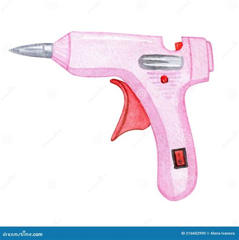 Watercolor Pink Hot Glue Gun Isolated On White Background Scrapbook Craft Tool Hand Drawn