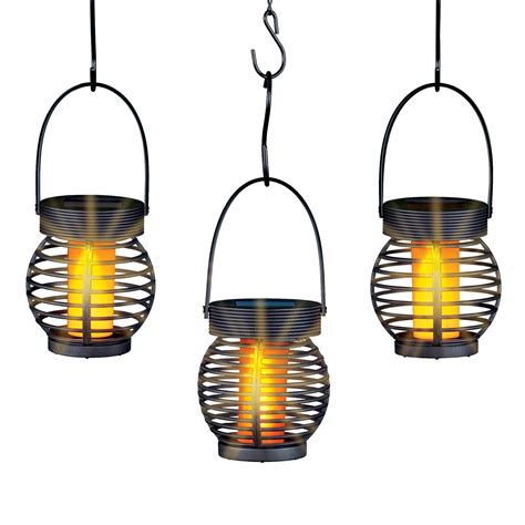 Collections Etc Solar Powered Hanging Faux Flame Lanterns Set Of 3