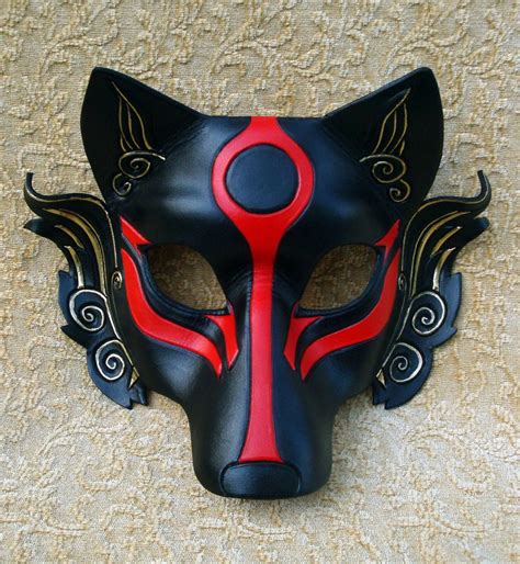 Black Okami Leather Mask Handmade Japanese Wolf Mask In