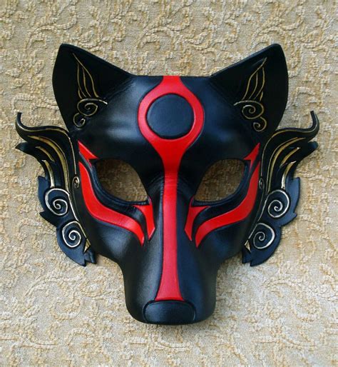 Black Okami leather maskhandmade Japanese wolf mask in