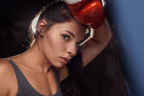 Boxing Woman Boxer In Gloves Leaning On Rope On Ring Smiling Confident