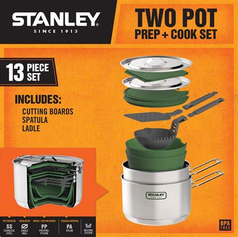The locking pot handle extends for stable cooking. Stanley 2 Pot Prep + Cookset, 13 piece, Stainless Steel ...