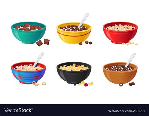 set ceramic bowls with cereals breakfast milk vector image