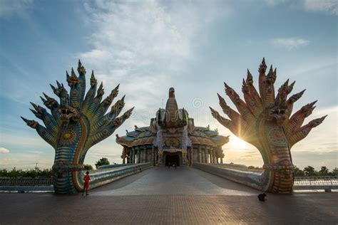 Beautiful Sanctuary With Naga Statue During Sunset Editorial Photo