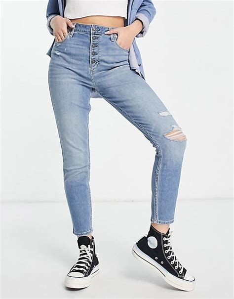 Abercrombie And Fitch Curve Love High Rise Distressed Ankle Grazer Skinny Jeans In Mid Wash Blue