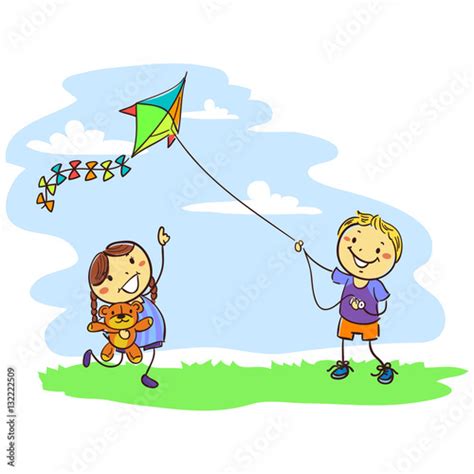 Vector Illustration Of Kids Playing Kite On Field Fichier Vectoriel