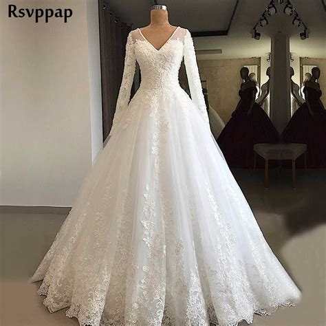 gorgeous ball gown long sleeve wedding dress 2020 v neck beaded lace lebanon bridal white