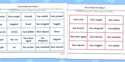 Present Perfect Tense Bingo ESL Present Perfect Game