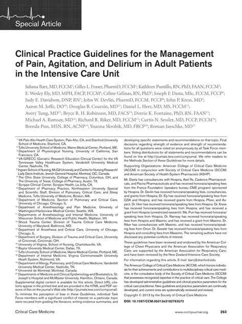 Clinical Practice Guidelines For The Management Of Pain Agitation And Delirium In Adult