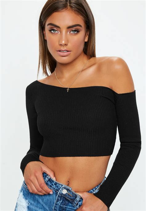 Black Ribbed Cropped One Shoulder Knitted Top Missguided