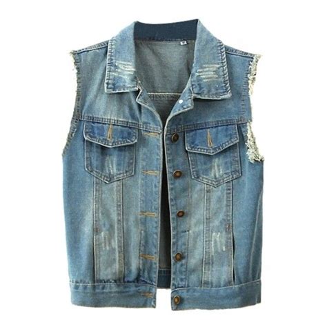 blue sleeveless double pocket frayed cuffs denim jacket 16 liked on polyvore featuring