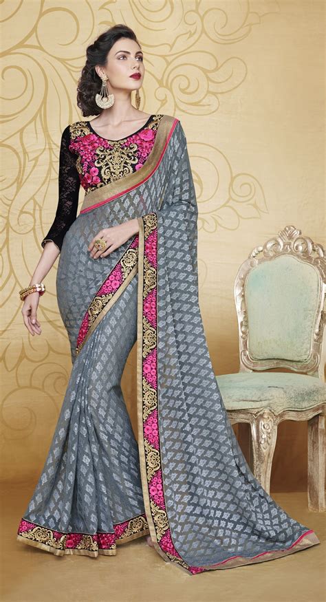 Party Wear Gray Color Saree Indian Designer Sarees Indian Sarees Online Designer Sarees Online