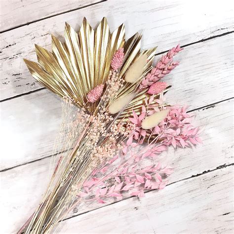 Pink Dried Flower Bouquet With Gold Palm Leaf Cake Topper Etsy Uk
