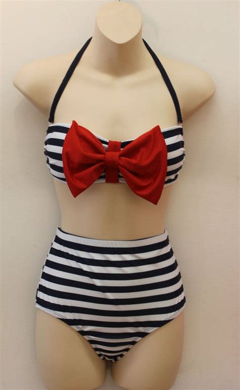 Nautical Navy And Red Bow Bandeau High Waist Bikini Bow Bandeau Cheeky Bikini Bottoms