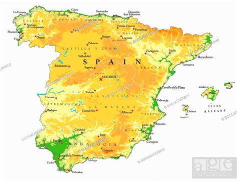 Highly Detailed Physical Map Of Spain With All The Relief Forms