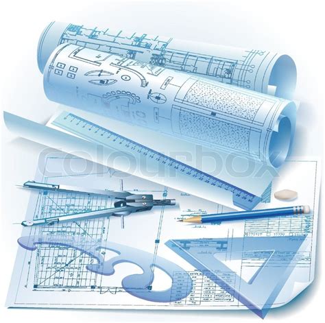 Architectural Background With Drawing Tools And Rolls Of Drawings Vector Clip Art Stock