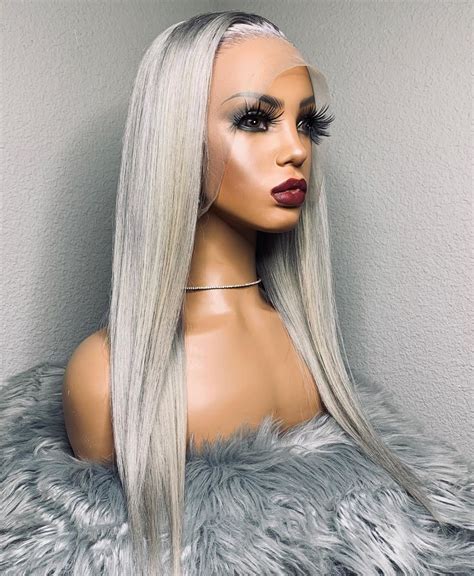 Gray Straight Frontal Wig Pre Plucked Density Human Hair Etsy